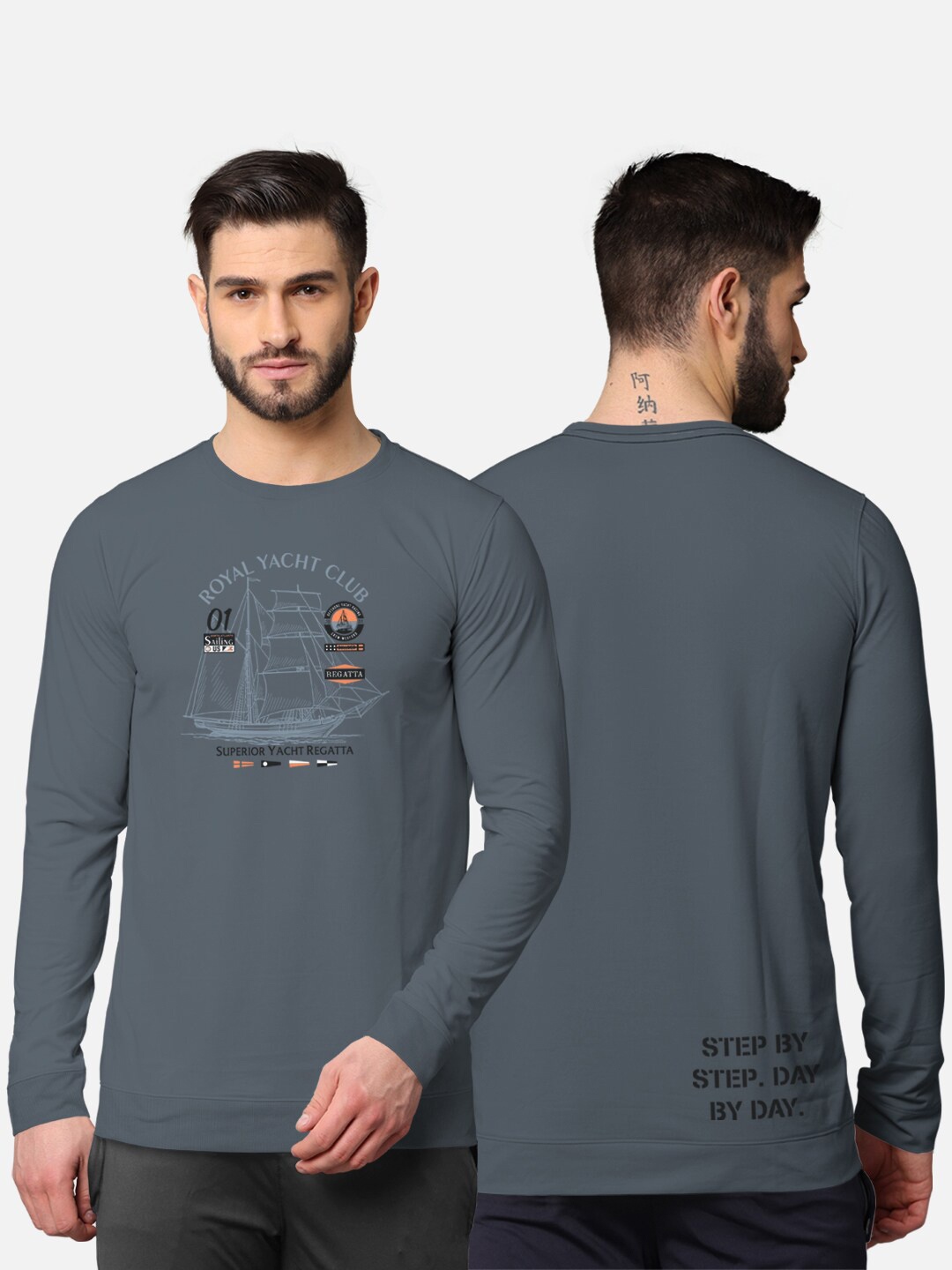 

BULLMER Men Grey Front & Back Typography Printed Blended Cotton Full Sleeve T-shirt