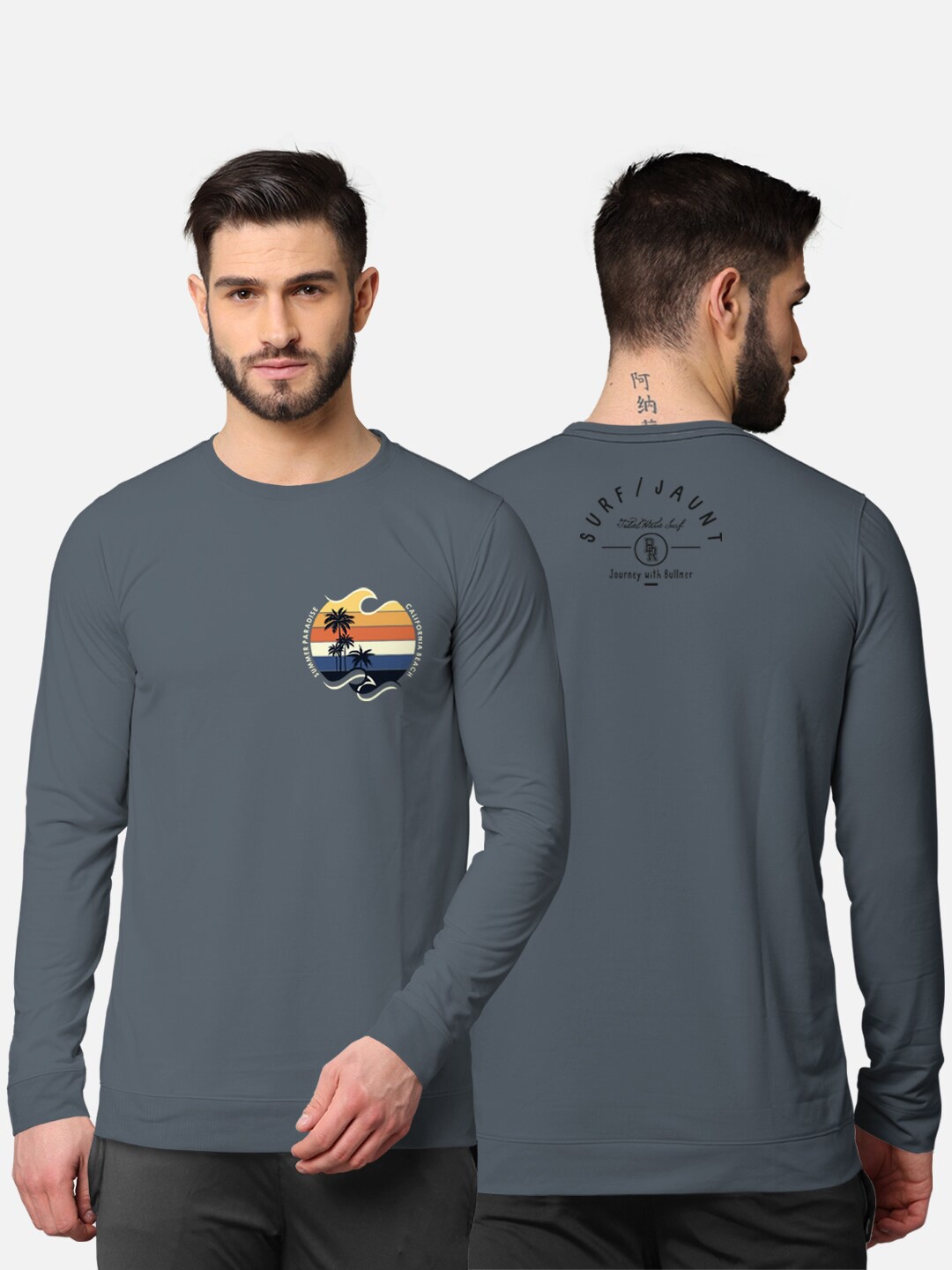 

BULLMER Men Grey Front & Back Typography Printed Blended Cotton Full Sleeve T-shirt