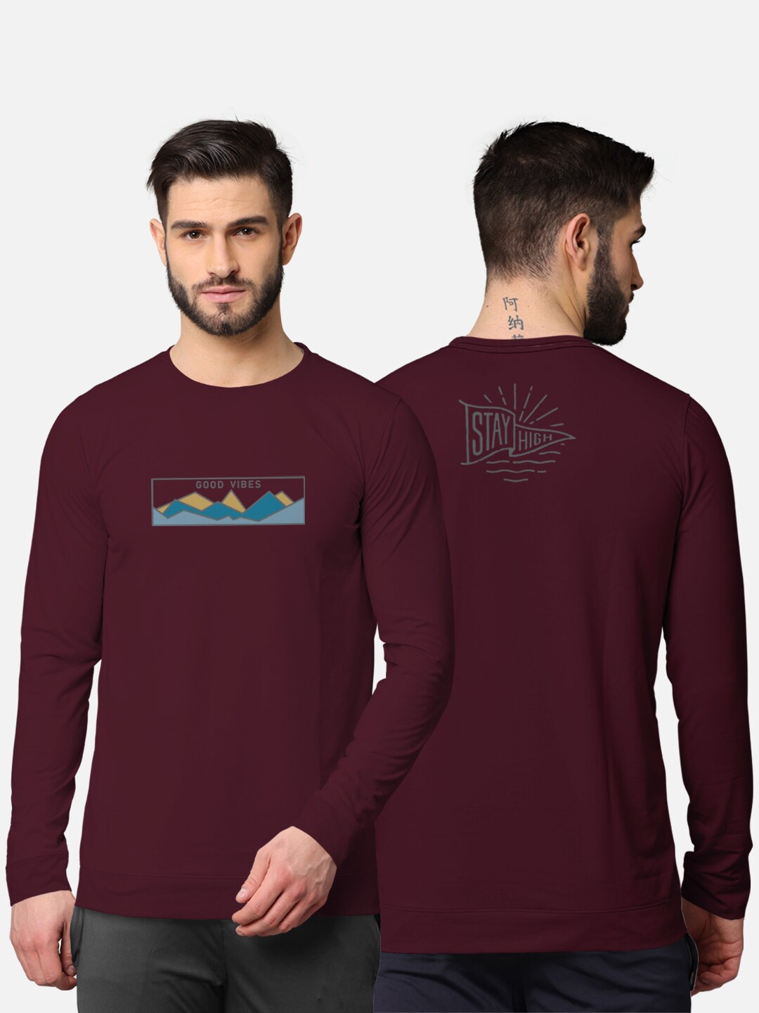 

BULLMER Men Burgundy Front & Back Graphic Printed Blended Cotton Full Sleeve T-shirt