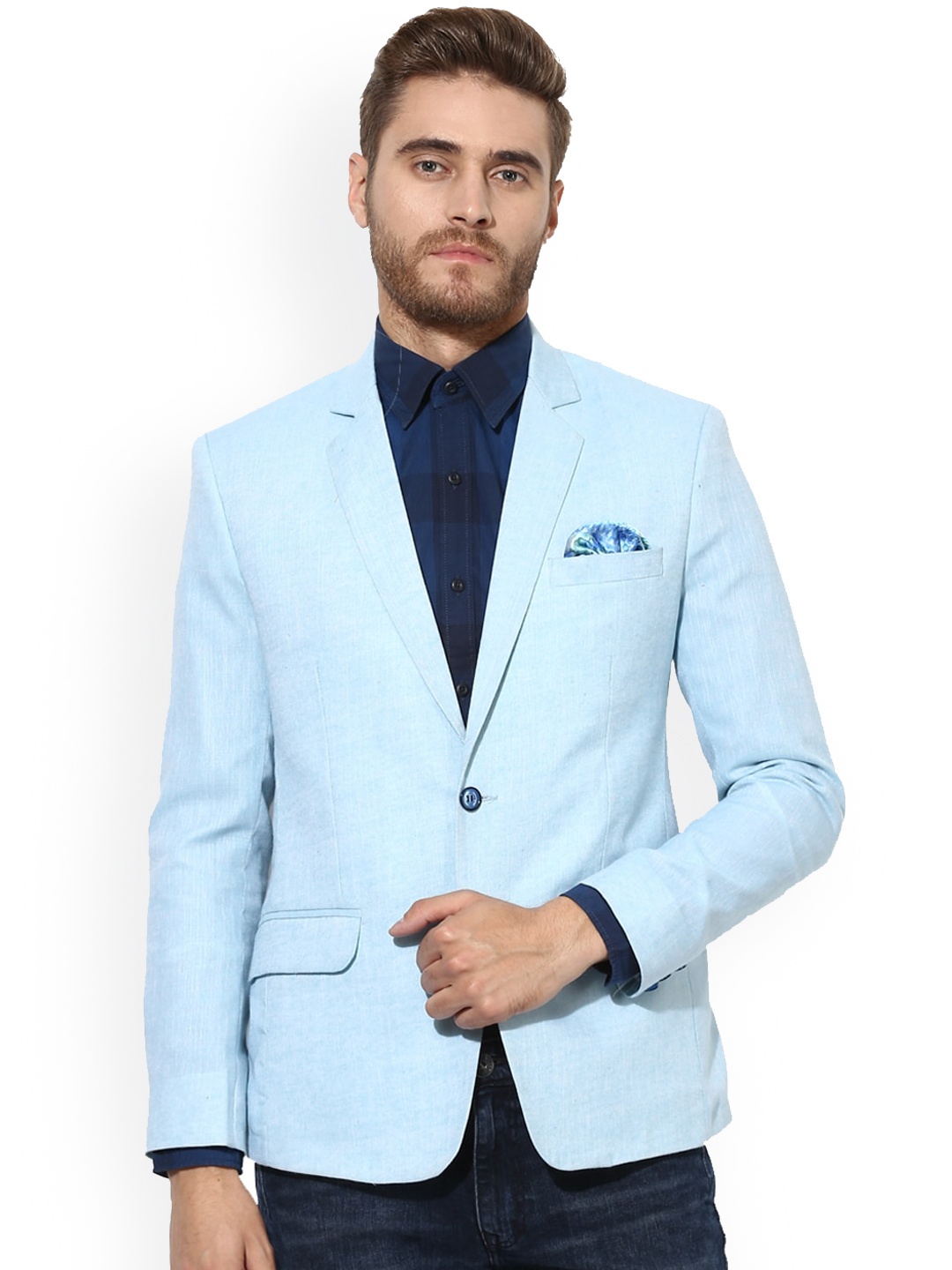 

hangup trend Men Blue Solid Single Breasted Formal Linen Blazer