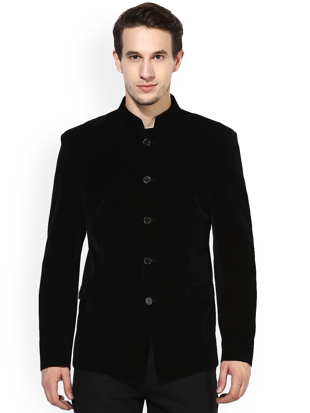 

hangup trend Men Black Solid Velvet Single-Breasted Suede Blazer