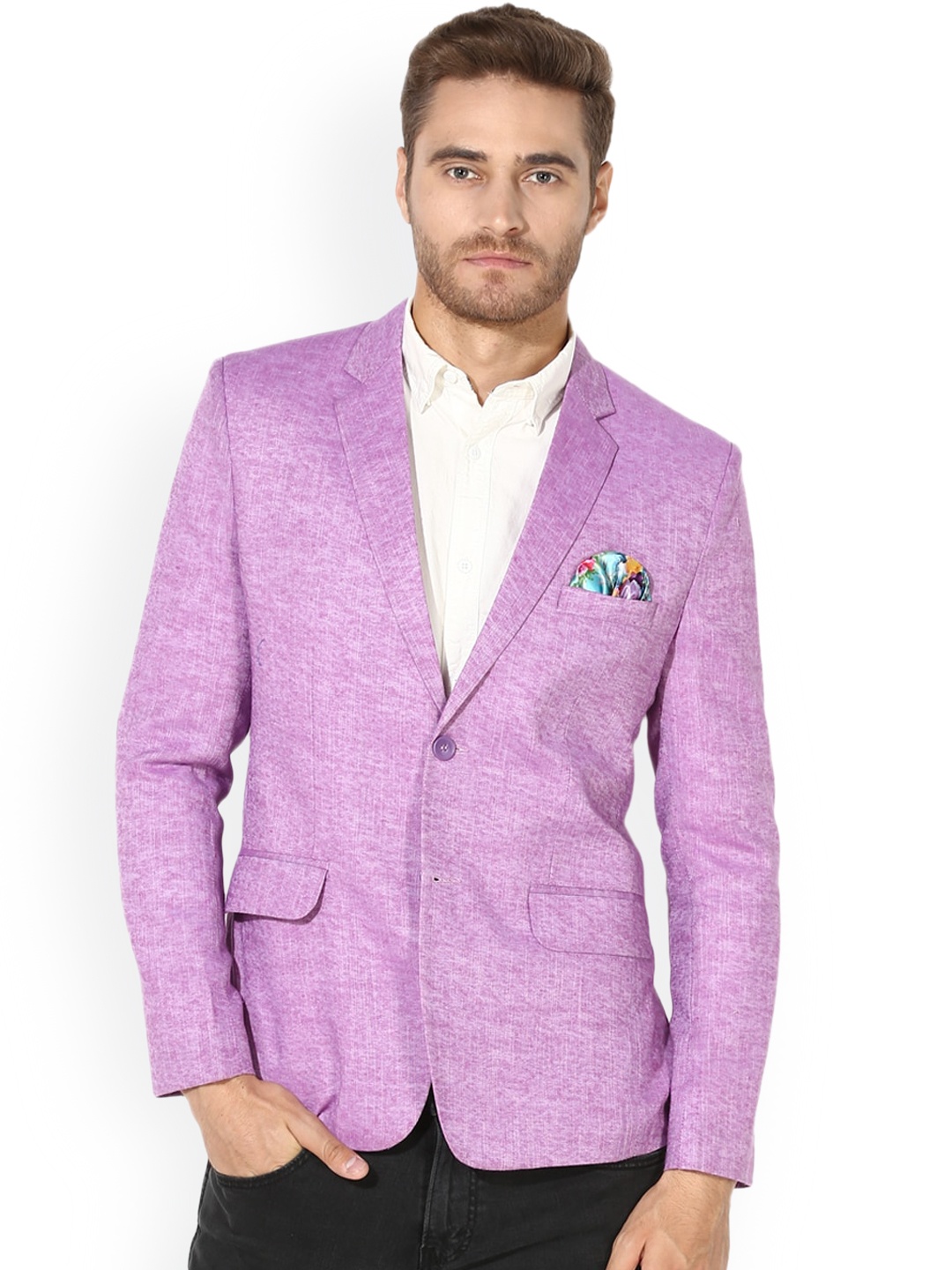 

hangup trend Men Purple Solid Linen Single-Breasted Linen Casual Blazer