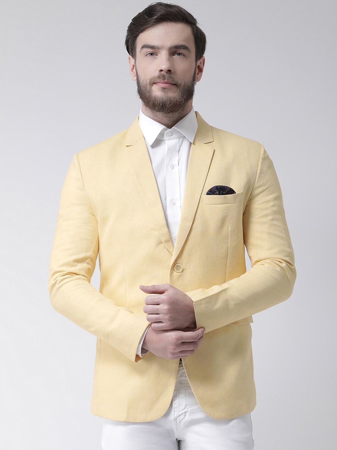 

hangup trend Men Yellow Solid Linen Single Breasted Linen Blazer
