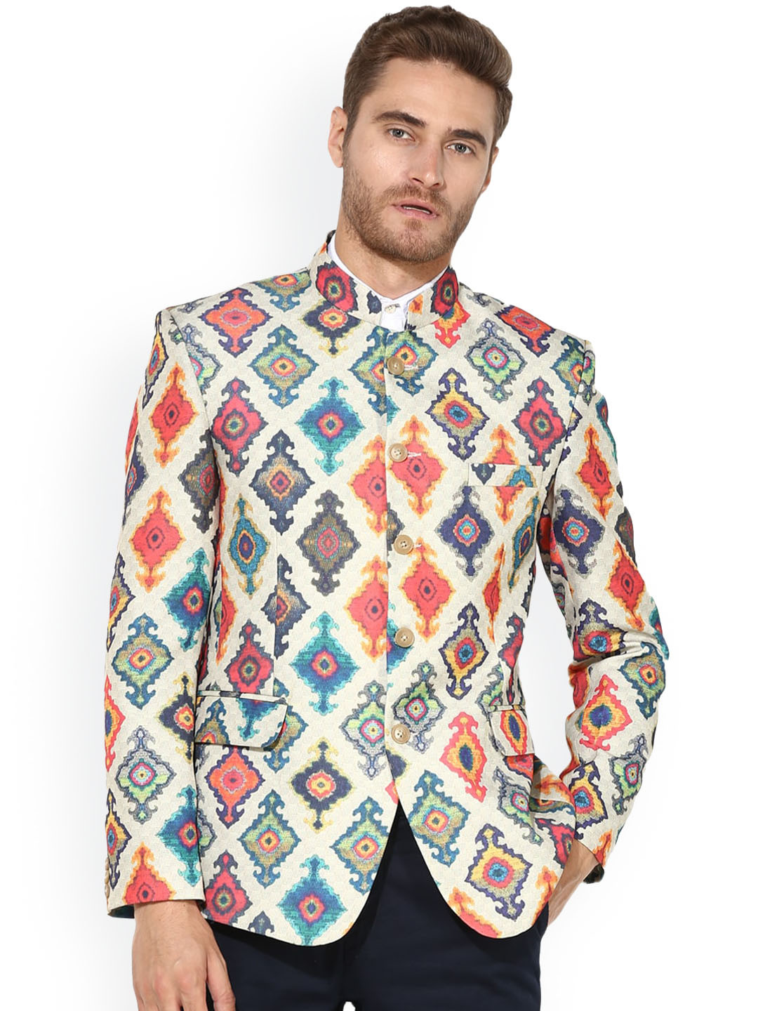 

hangup trend Men White & Blue Printed Bandhgala Blazer, Off white