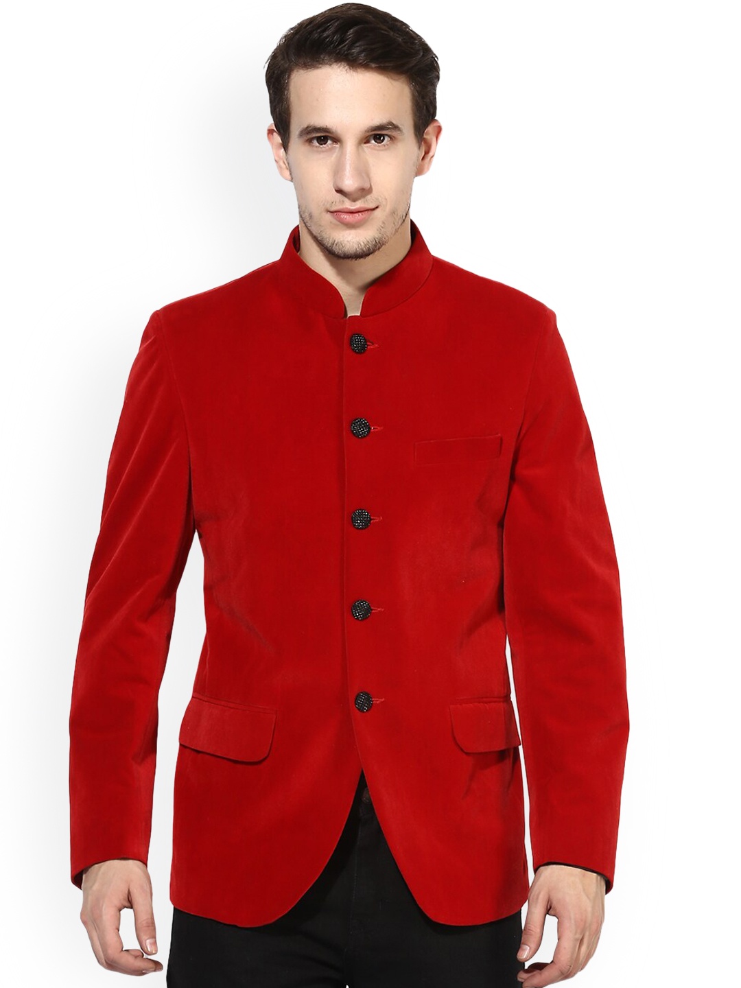 

hangup trend Men Red Solid Single Breasted Suede Blazer