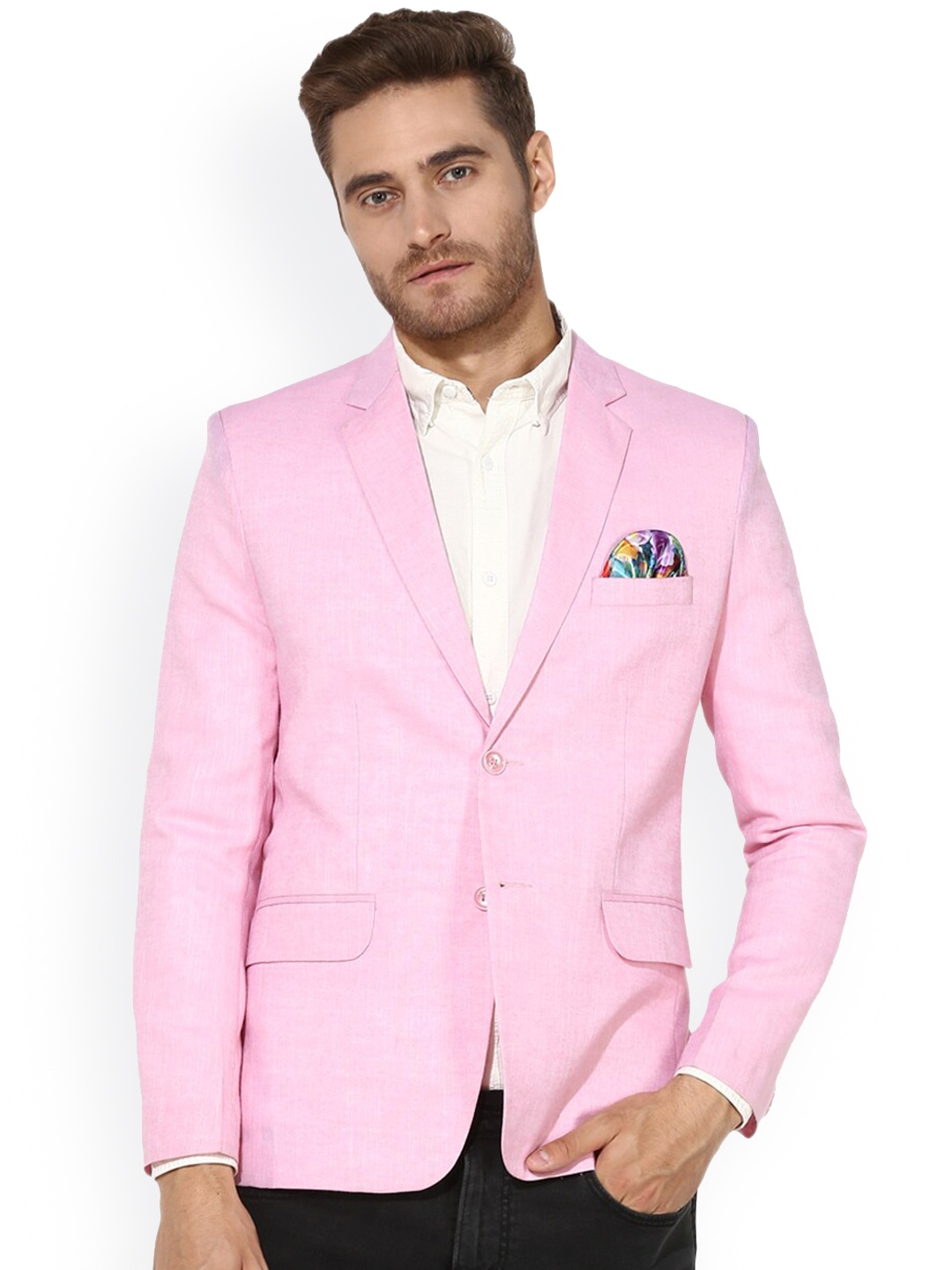 

hangup trend Men Pink Solid Single-Breasted Linen Casual Blazer