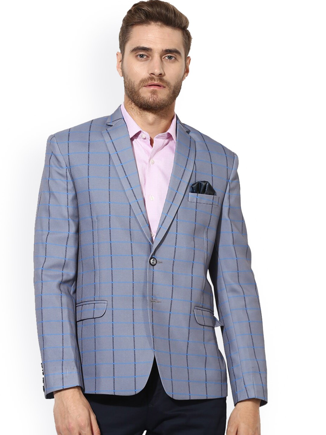 

hangup trend Men Grey Checked Single-Breasted Linen Casual Blazer