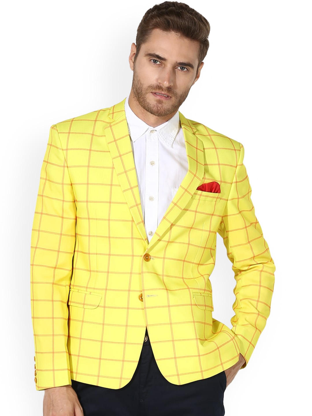 

hangup trend Men Yellow Checked Single-Breasted Casual Blazer