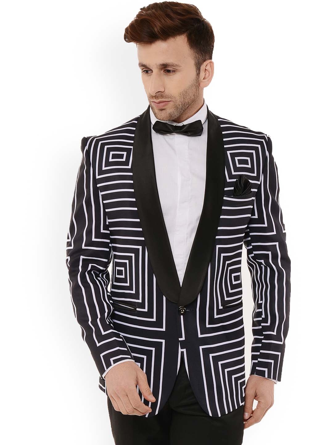 

hangup trend Men Black Geometric Printed Single Breasted Blazer