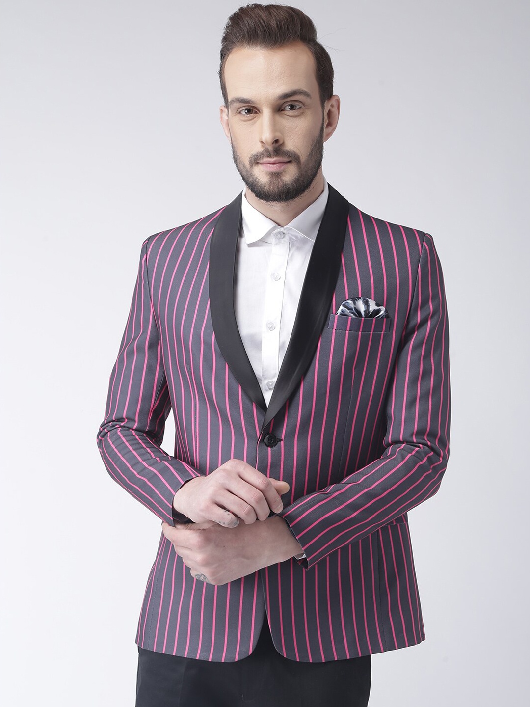 

hangup trend Men Purple & Pink Striped Tuxedo Party Blazer