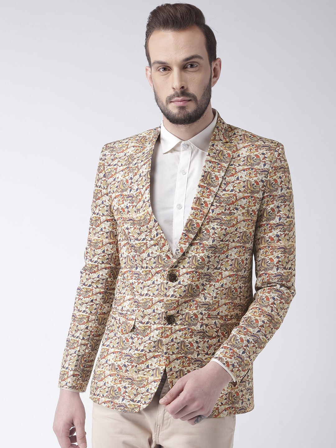 

hangup trend Men Beige Printed Linen Single Breasted Ethnic Blazer
