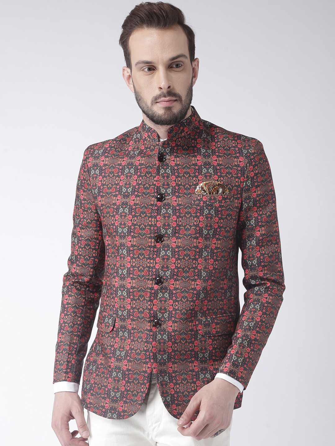 hangup trend Men Black & Red Printed Regular Fit Single Breasted Ethnic Blazer