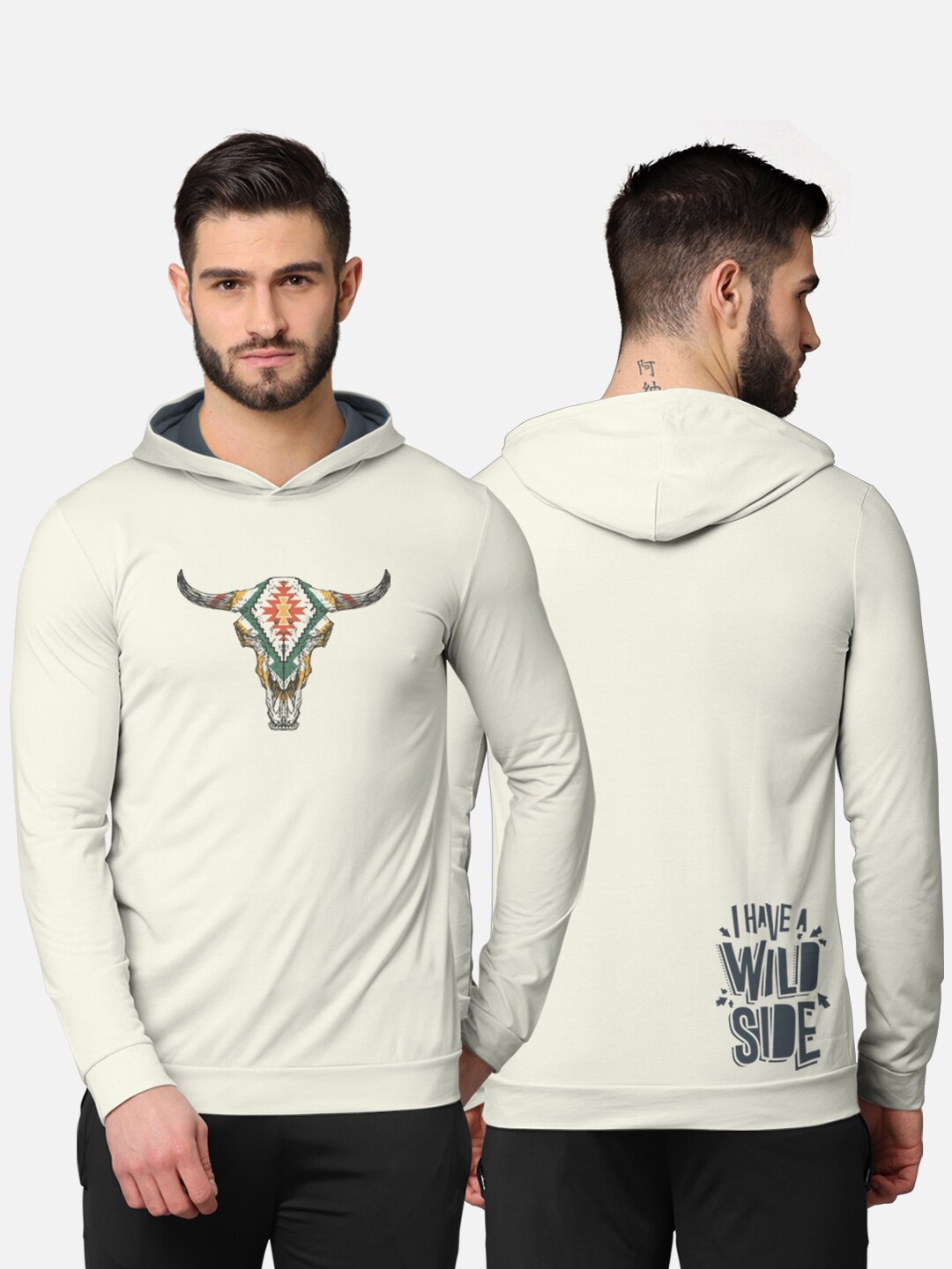 BULLMER Men Cream-Coloured Printed Hooded Sweatshirt