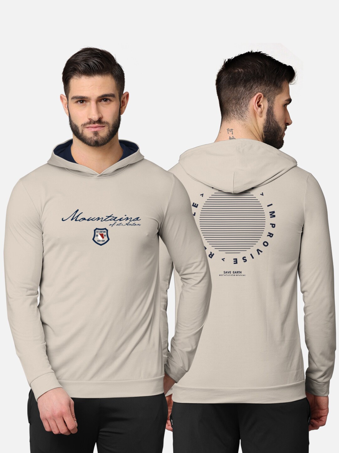 

BULLMER Men Beige Printed Cotton Hooded Sweatshirt