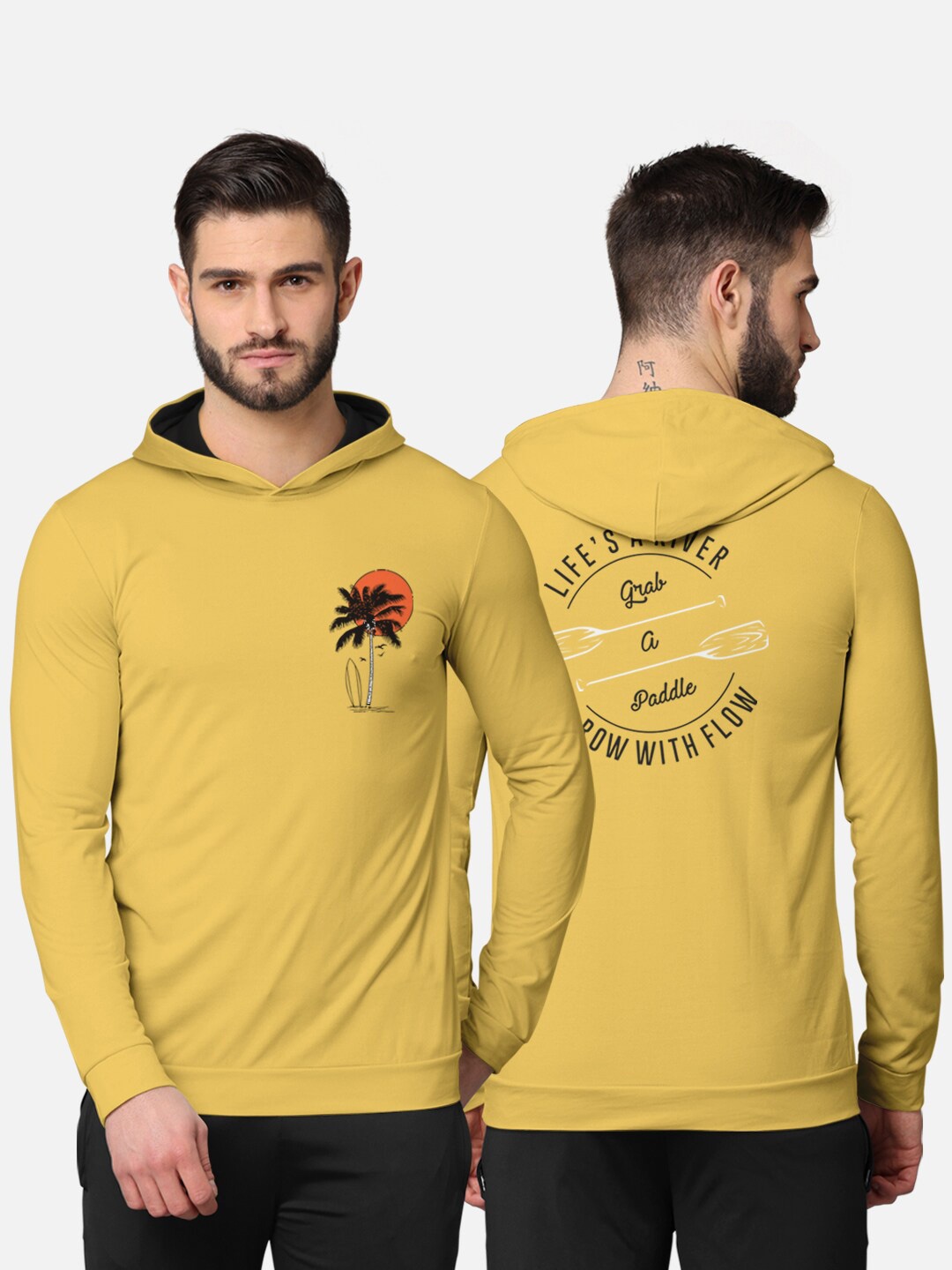 BULLMER Men Mustard Printed Hooded Sweatshirt