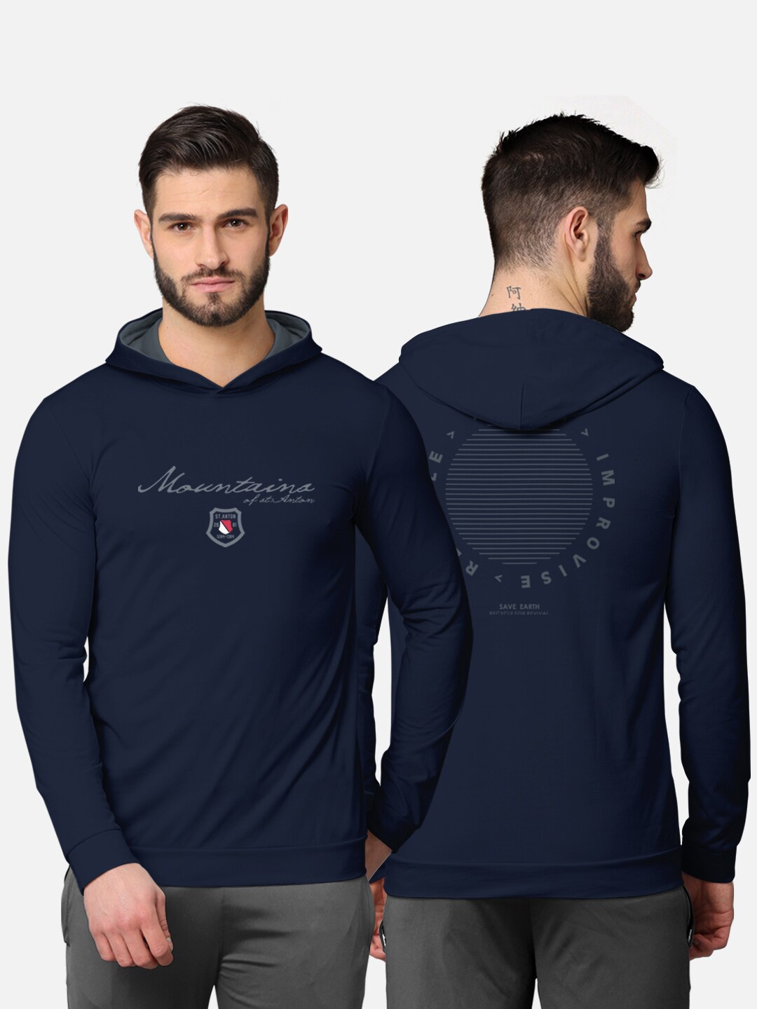 

BULLMER Men Navy Blue Printed Hooded Sweatshirt