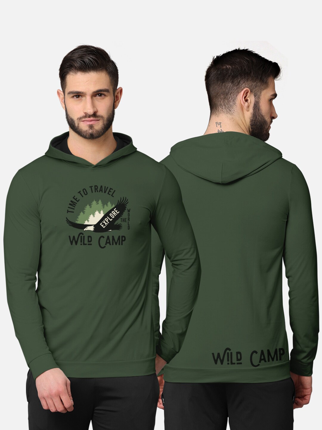 

BULLMER Men Olive Green Printed Hooded Sweatshirt