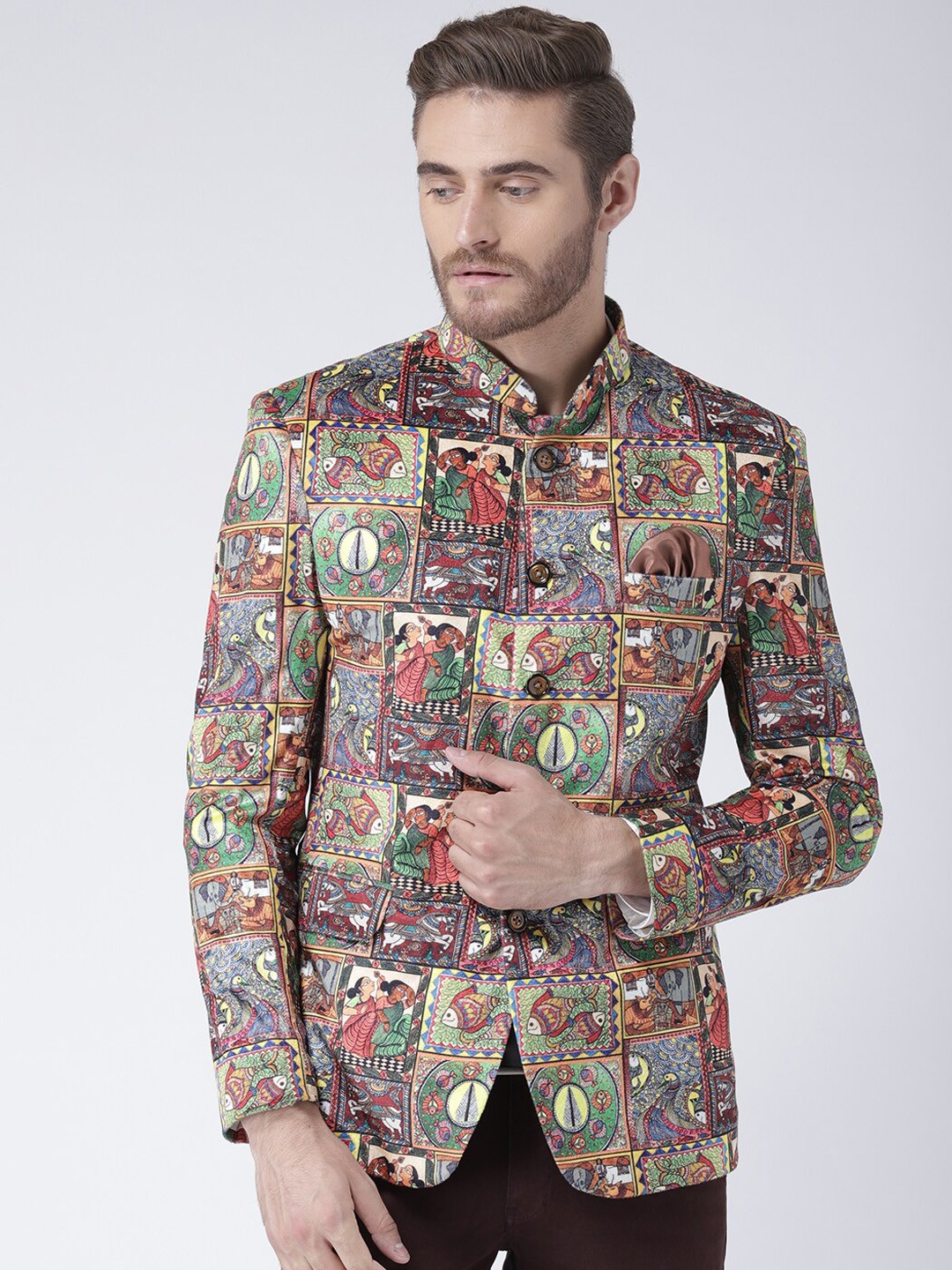 

hangup trend Men Brown Printed Single Breasted Blazer, Multi