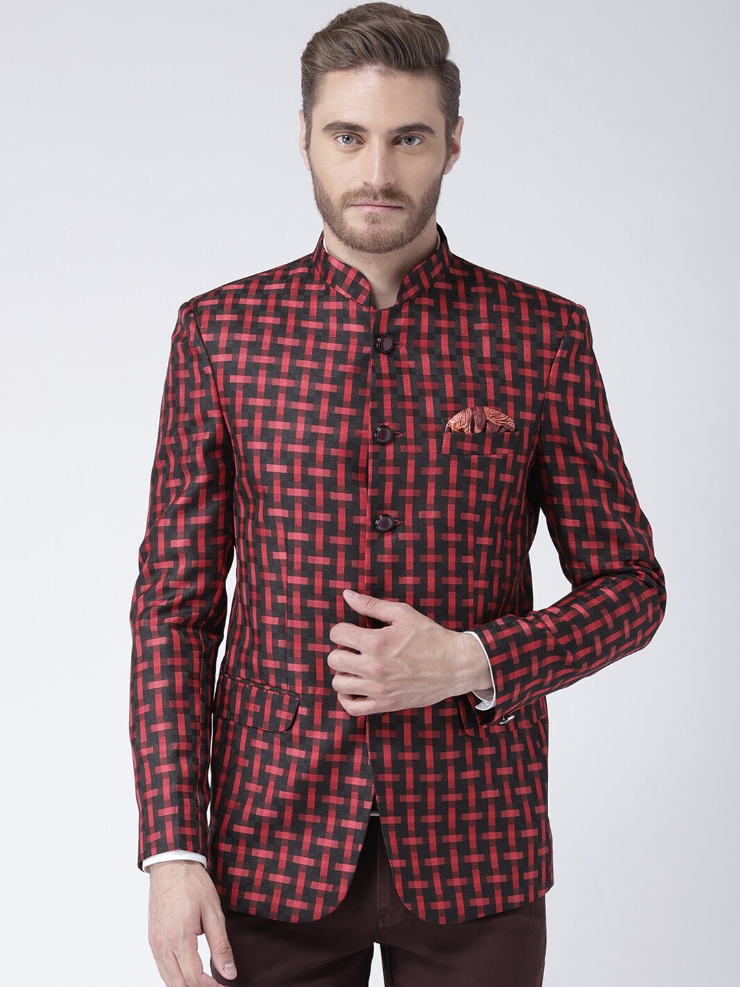 

Hangup trend Men Red & Black Checked Bandhgala Blazers