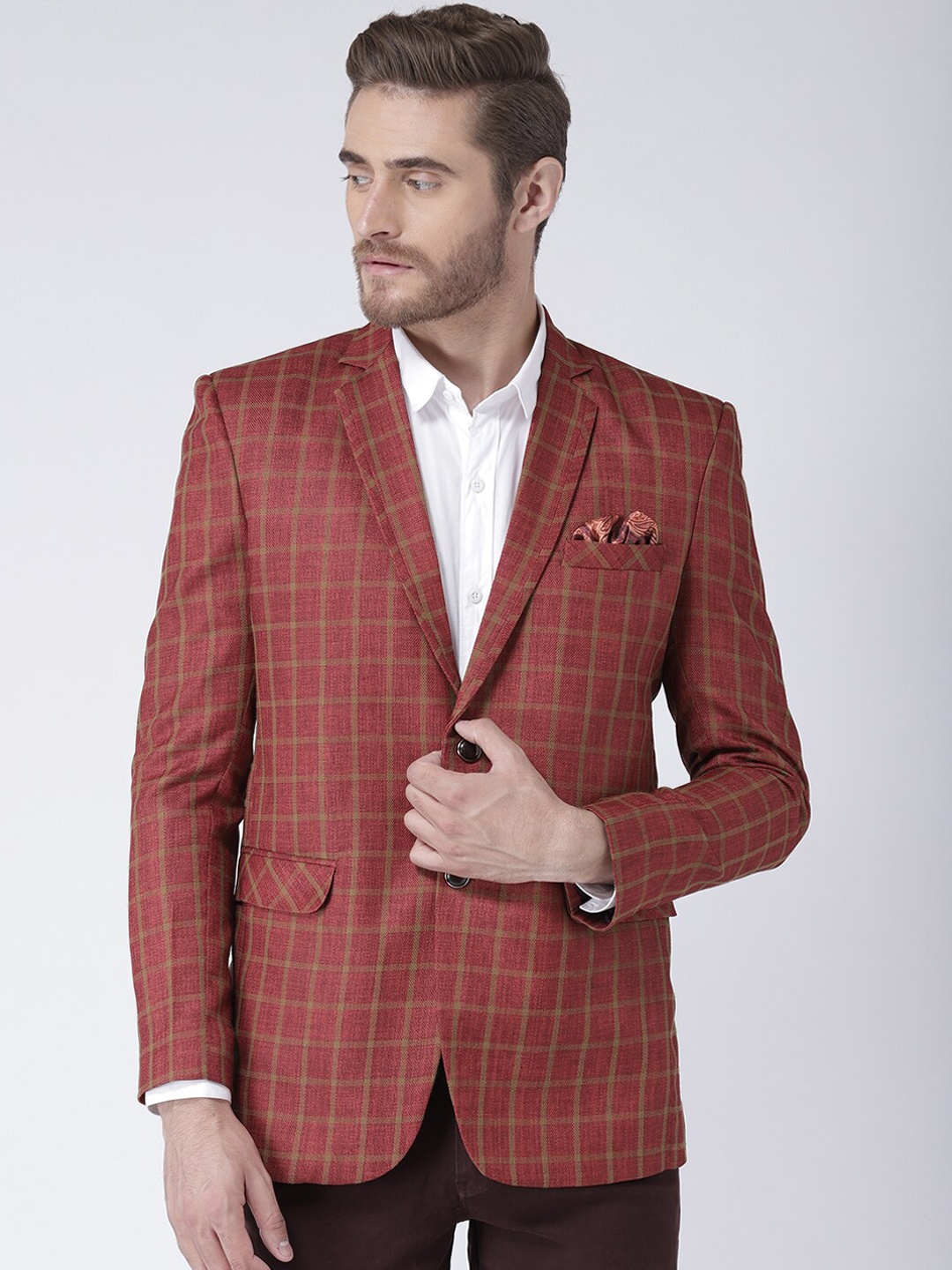 

hangup trend Men Maroon Checked Single Breasted Formal Blazers