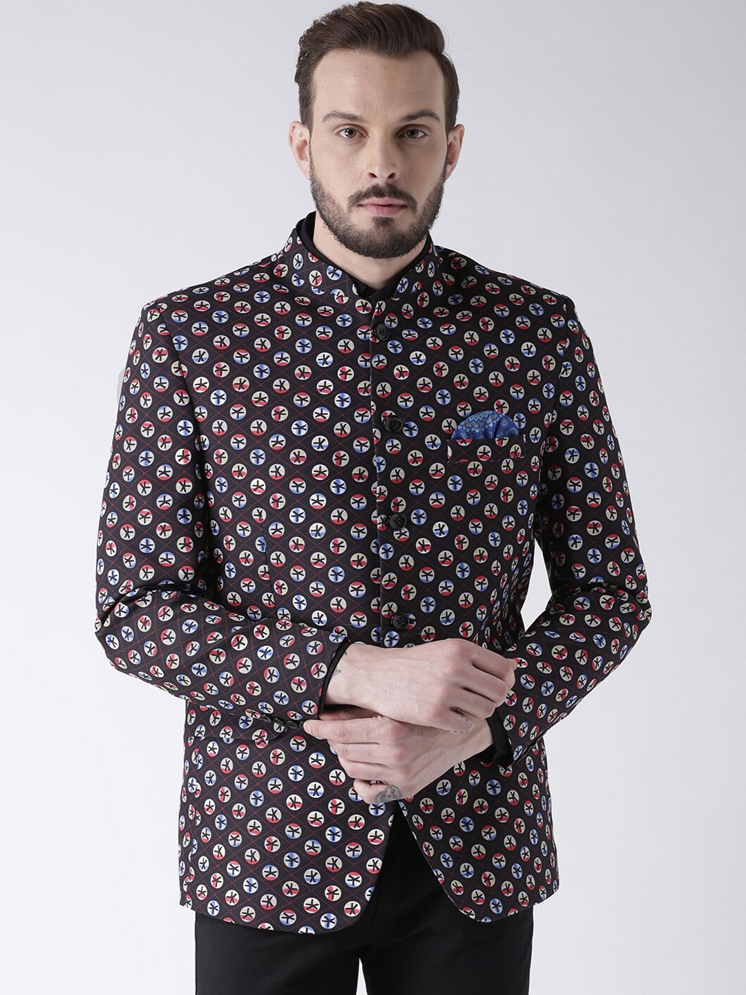 

hangup trend Men Black Printed Single-Breasted Bandhgala Blazer