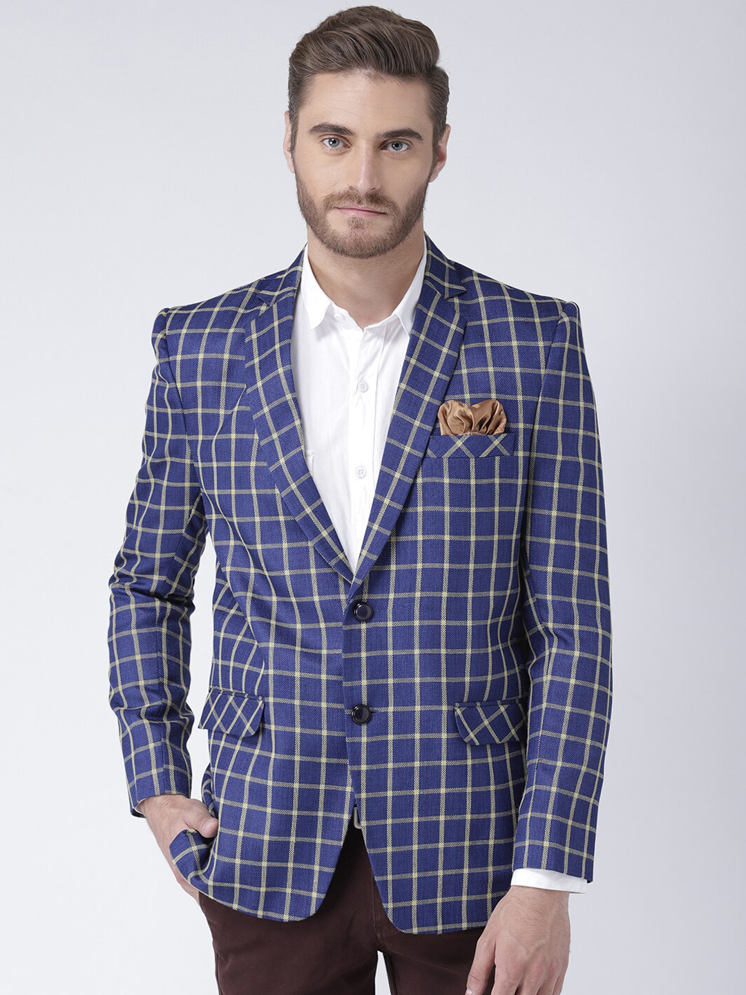 

hangup trend Men Blue Checked Single-Breasted Blazer