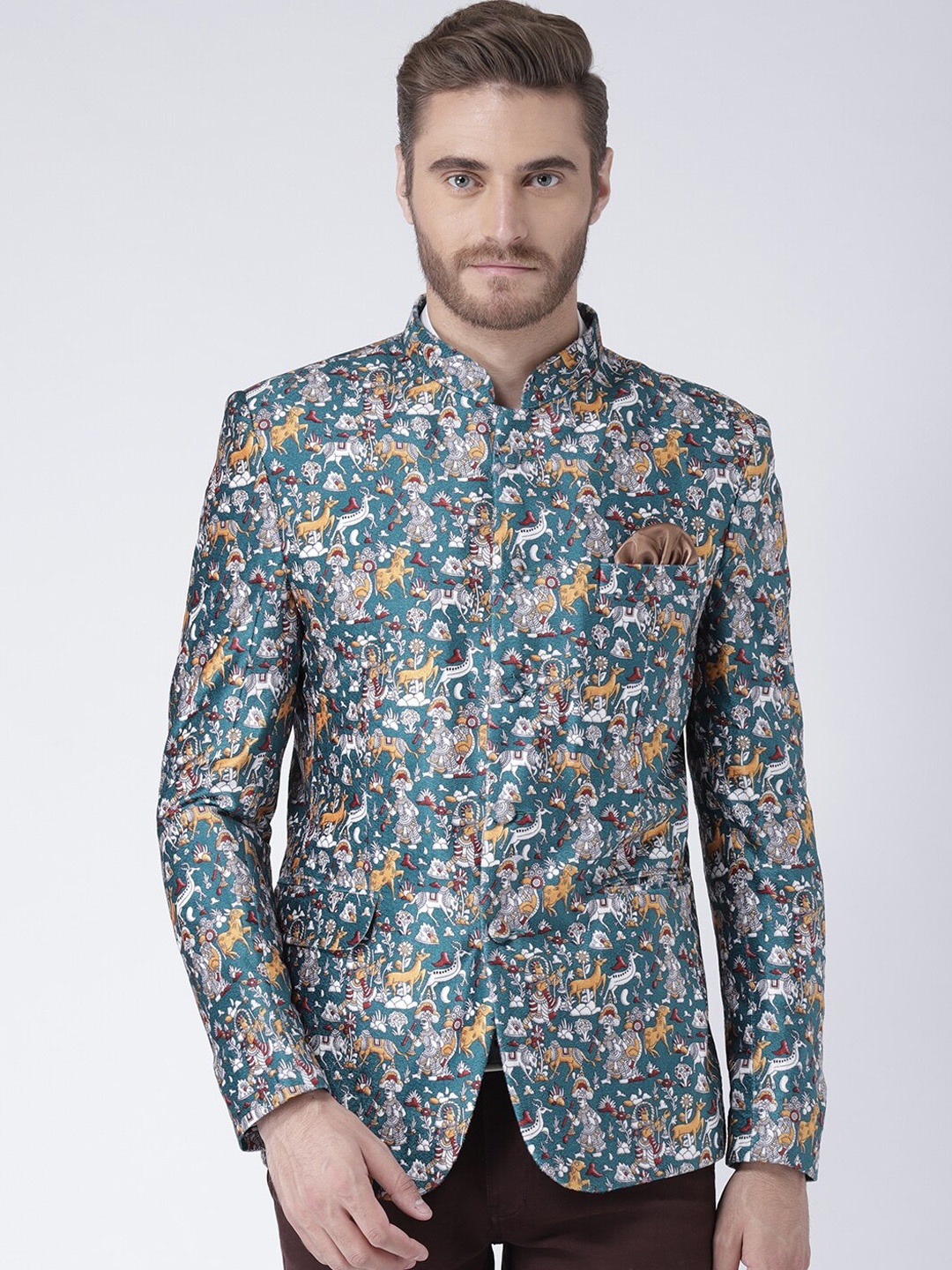 

hangup trend Men Grey & Yellow Printed Single Breasted Blazer