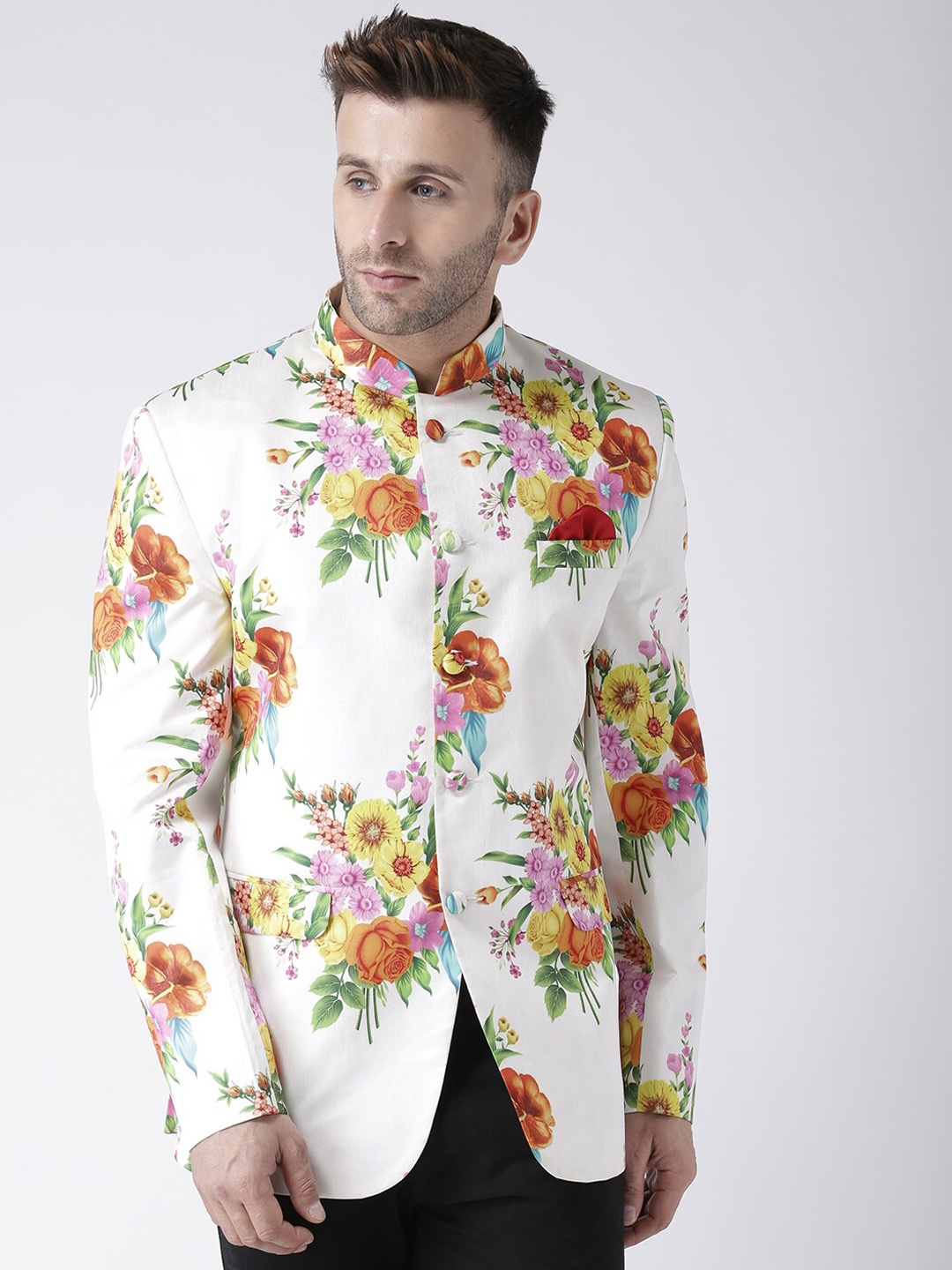 

hangup trend Men White Printed Single-Breasted Bandhgala Blazers