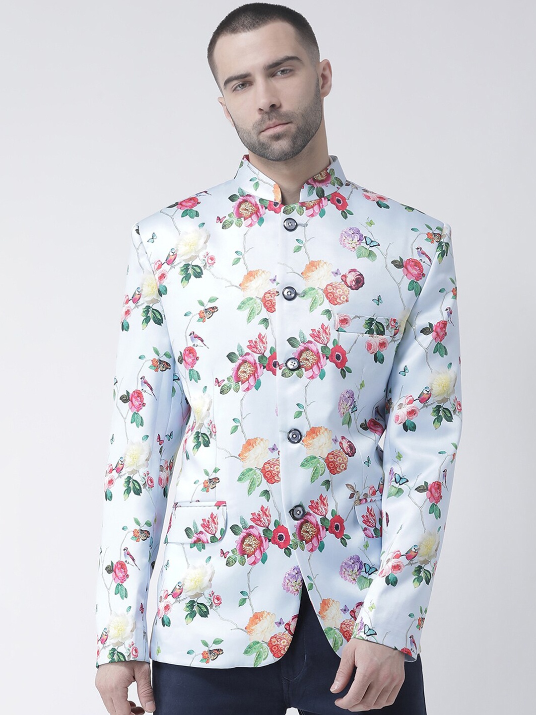 

hangup trend Men Blue Printed Single-Breasted Bandhgala Blazer