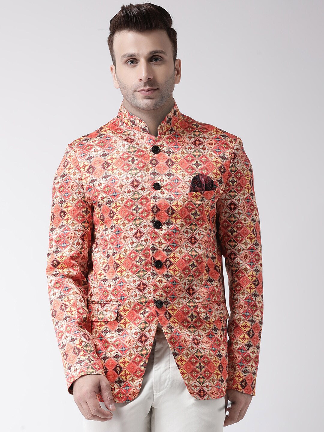 

hangup trend Men Multicolored Printed Single-Breasted Bandhgala Blazer, Multi