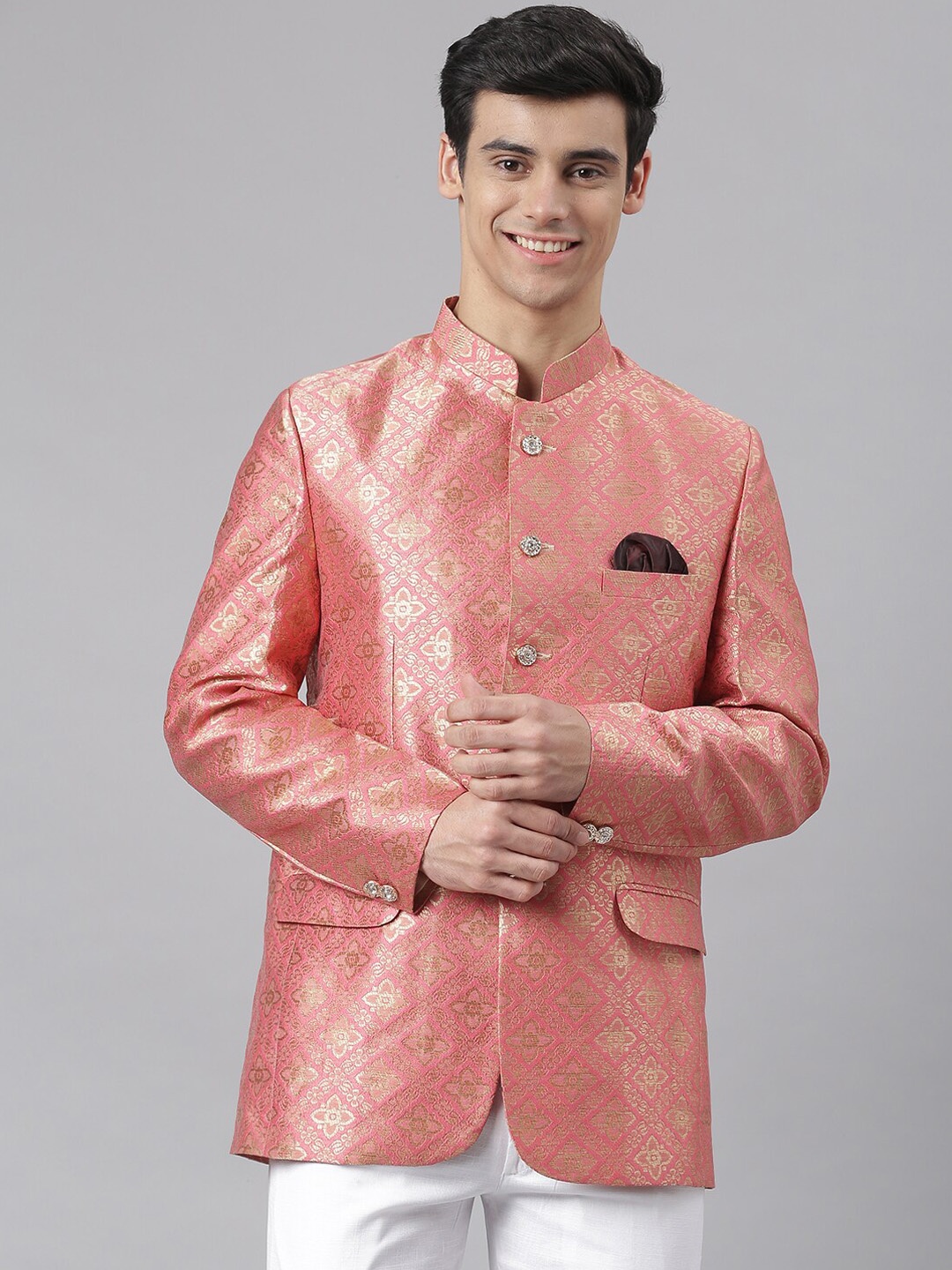

hangup trend Men Pink Woven Design Mandarin Collar Bandhgala Blazer