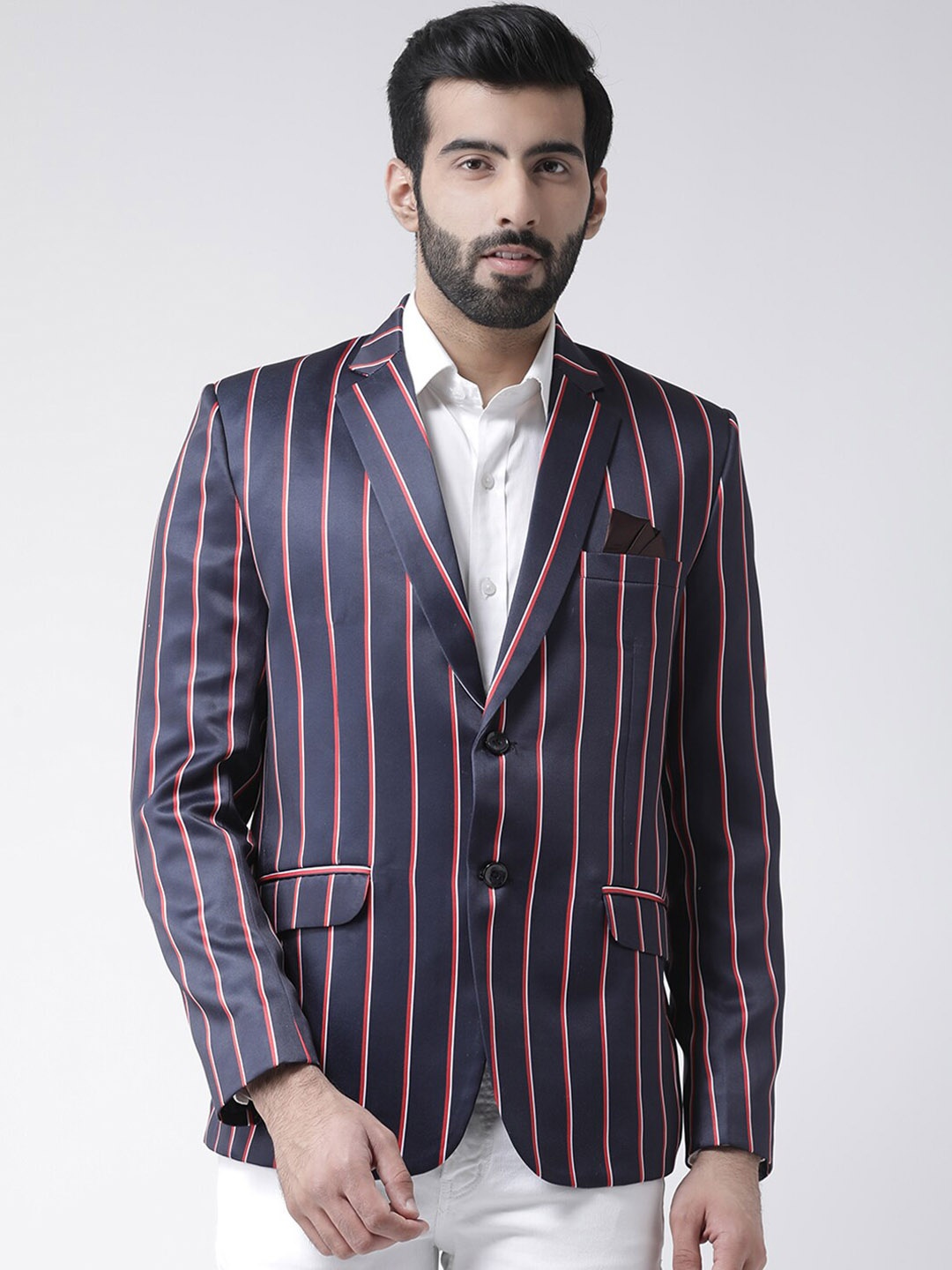 

hangup trend Men Navy Blue Striped Single Breasted Formal Blazer