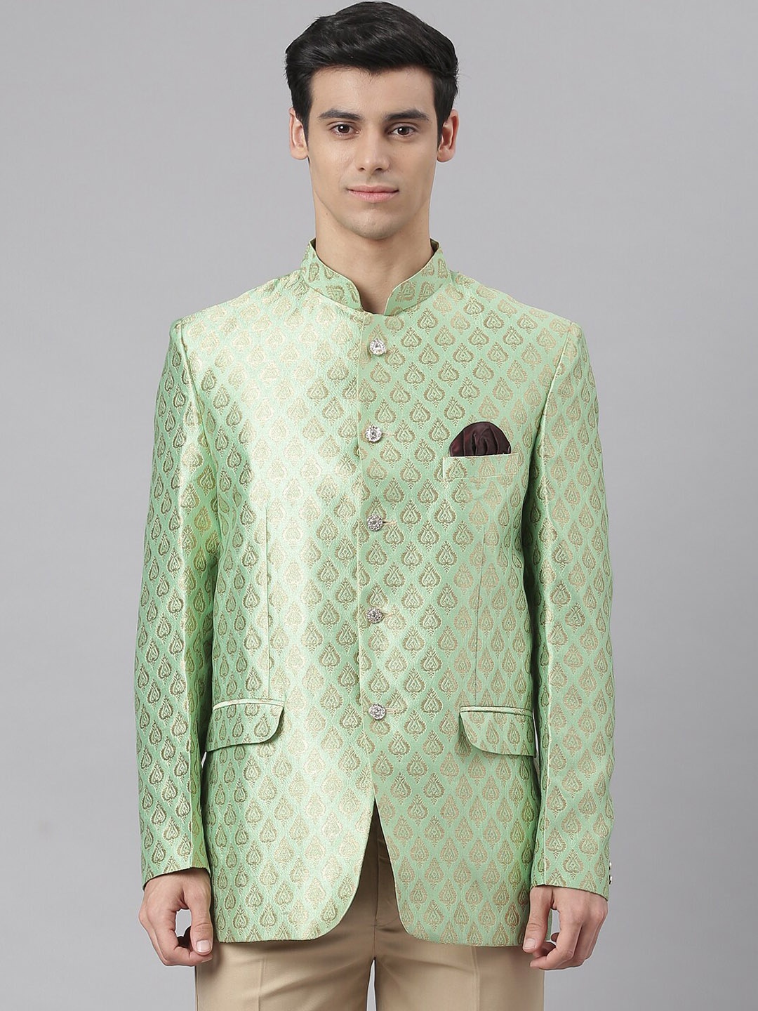 

hangup trend Men Green Woven Design Bandhgala Jodhpur Blazer