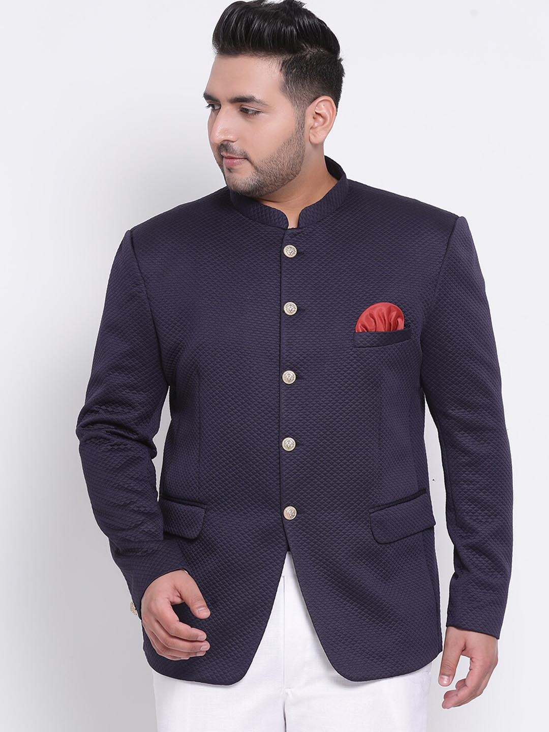 

hangup trend Men Plus Size Navy Blue Solid Single Breasted Blazer