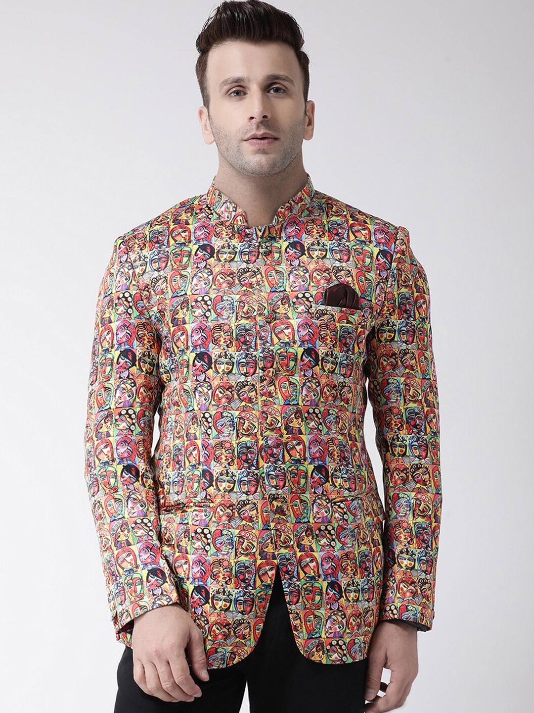 

hangup trend Men Yellow Printed Mandarin Collar Bandhgala Blazer