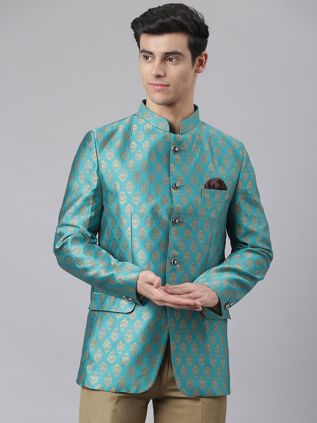 

hangup trend Men Green Woven Design Jacquard Single Breasted Blazer