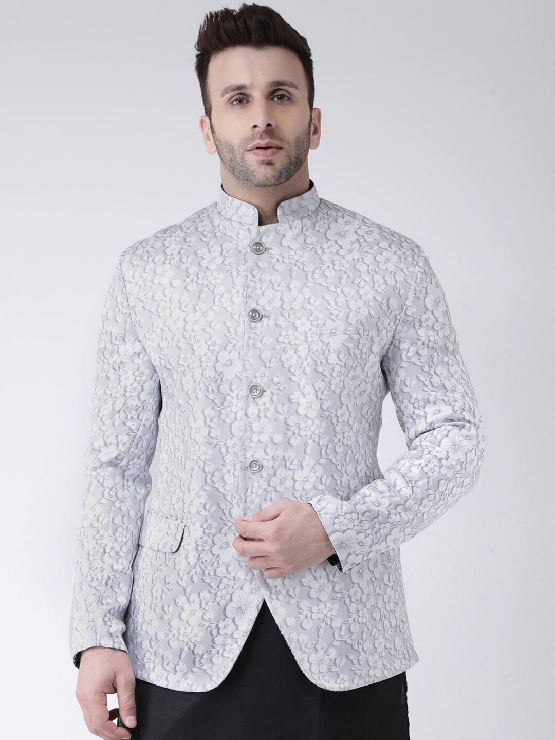 hangup trend Men White Printed Bandhgala Party Blazers