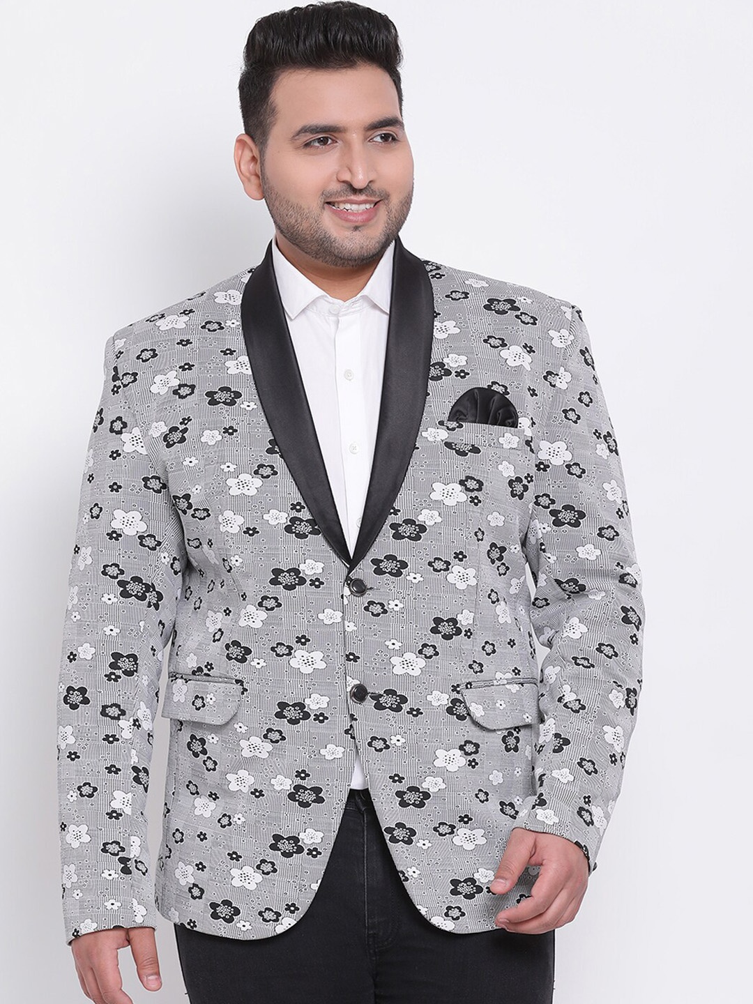 

hangup trend Plus Men Grey & Black Printed Single Breasted Party Blazer