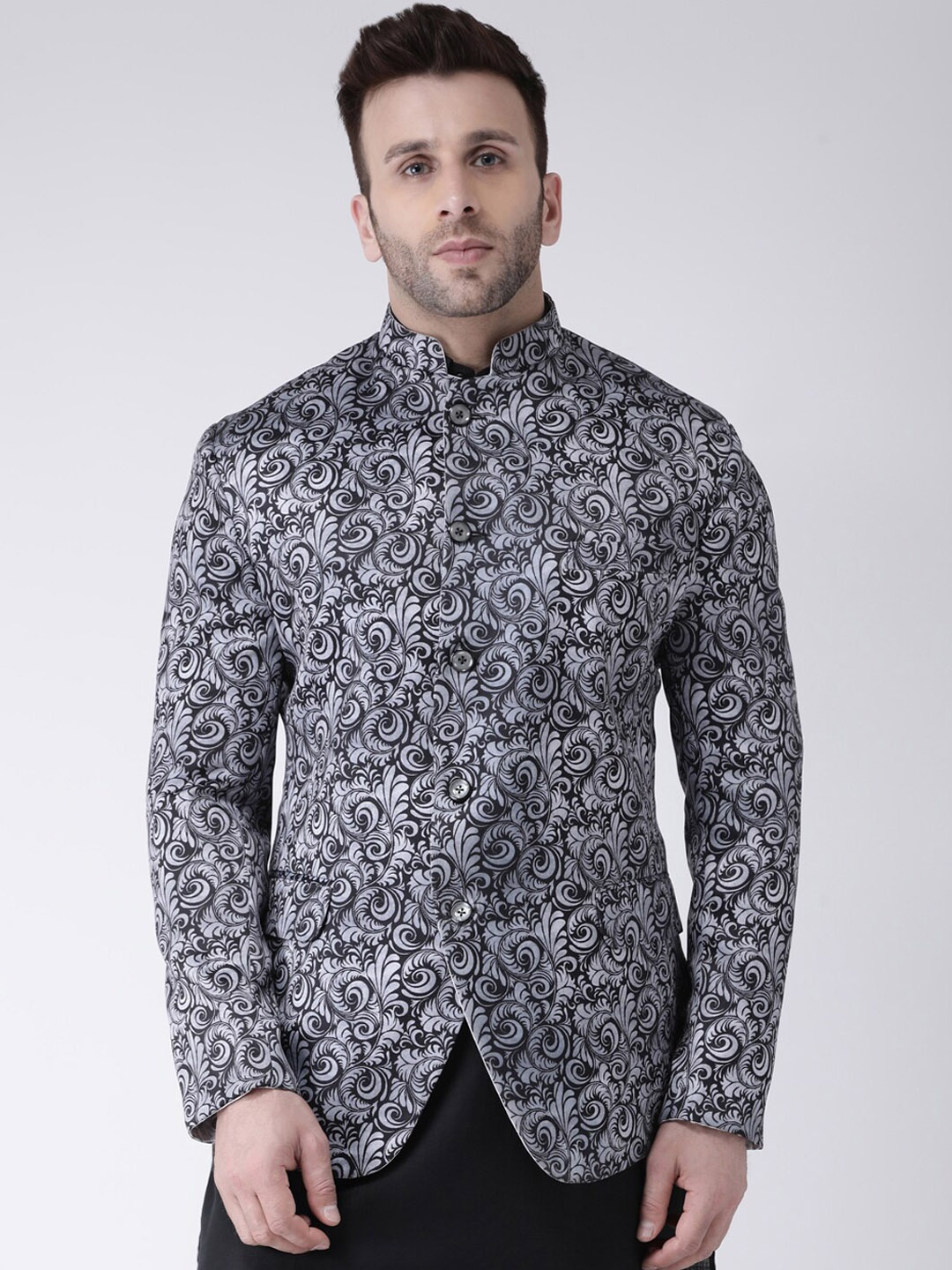 

hangup trend Men Grey & Black Printed Single Breasted EthnicBlazer