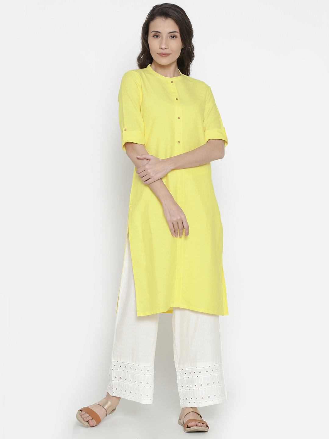 

AURELIA Women Yellow Solid Straight Kurta