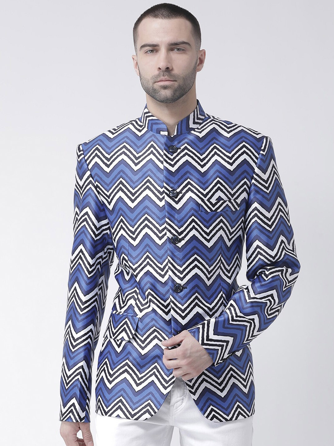 

hangup trend Men Blue & White Printed Regular Fit Single Breasted Casual Blazer
