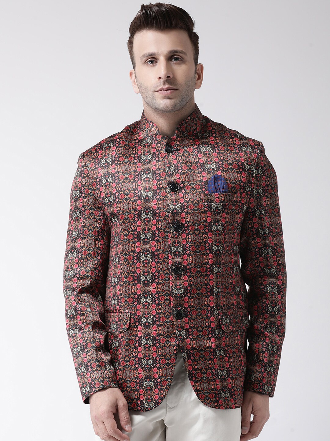 

hangup trend Men Maroon & Black Printed Regular Fit Bandhgala Party Blazer
