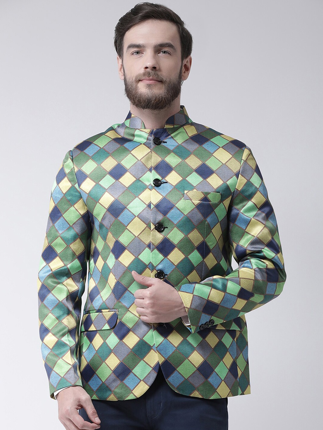 

hangup trend Men Green & Navy Blue Printed Regular Fit Single Breasted Party Blazer