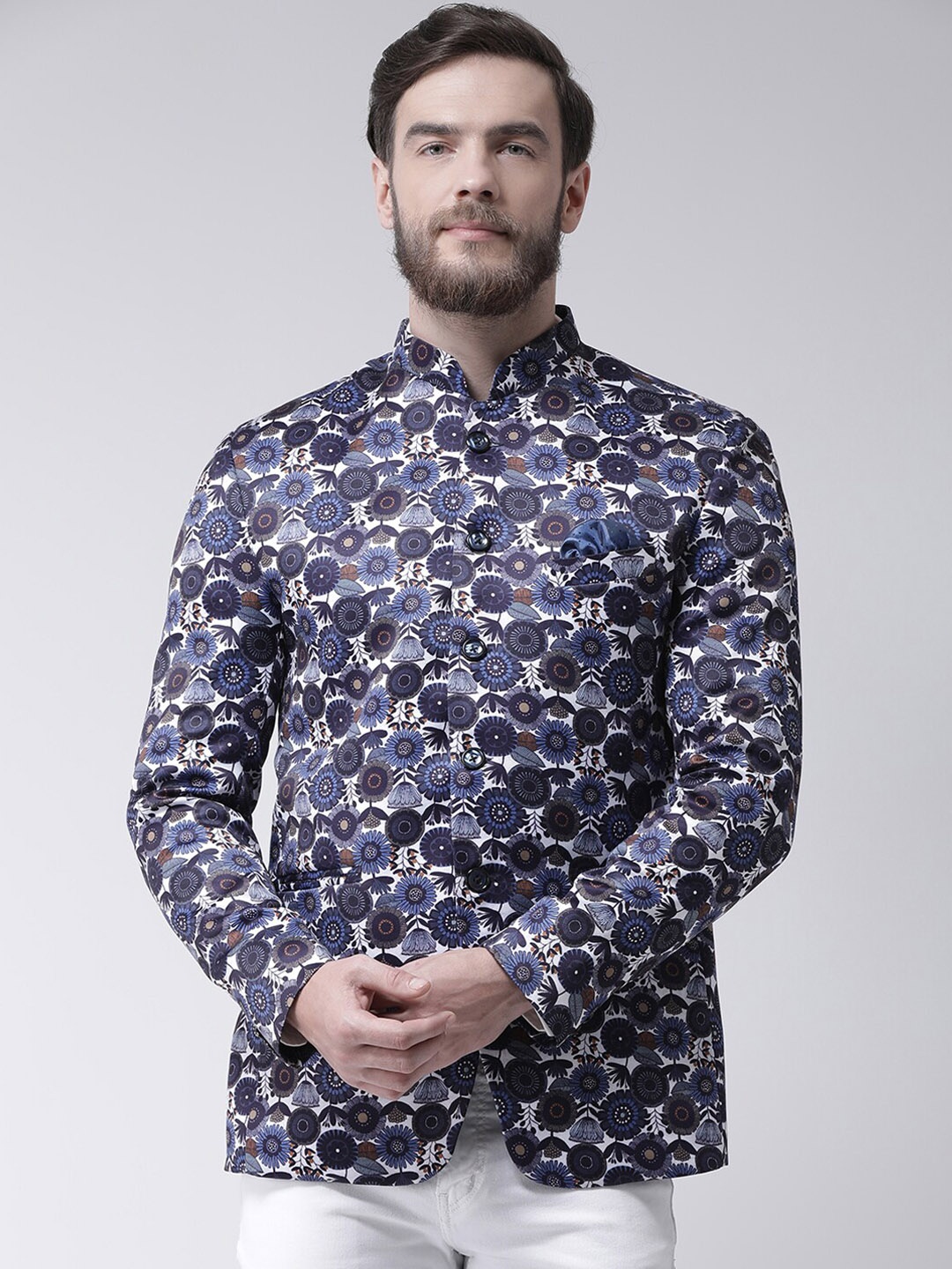 

hangup trend Men Blue Printed Single-Breasted Bandhgala Blazer