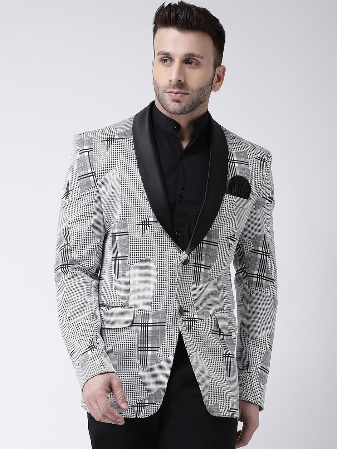 

hangup trend Men Grey Printed Jacquard Single Breasted Blazer, Black