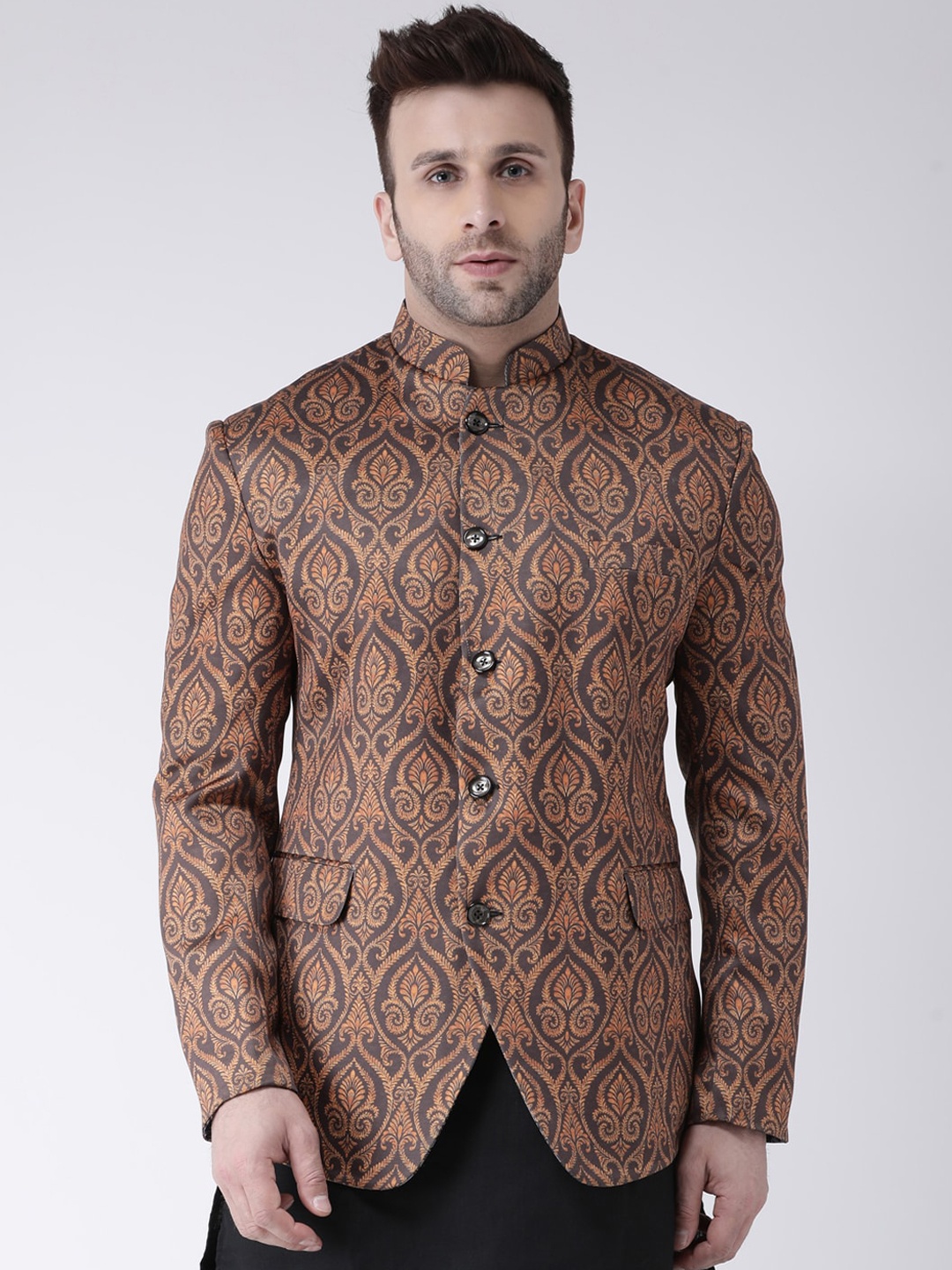 

hangup trend Men Brown Printed Bandhgala Single Breasted Blazer