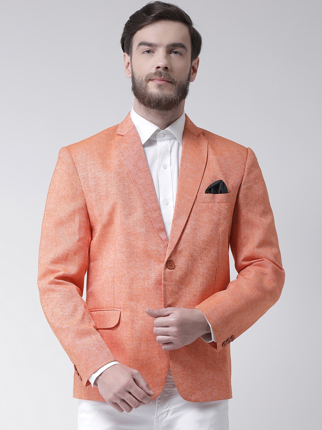 

hangup trend Men Orange Coloured Solid Linen Single-Breasted Blazer