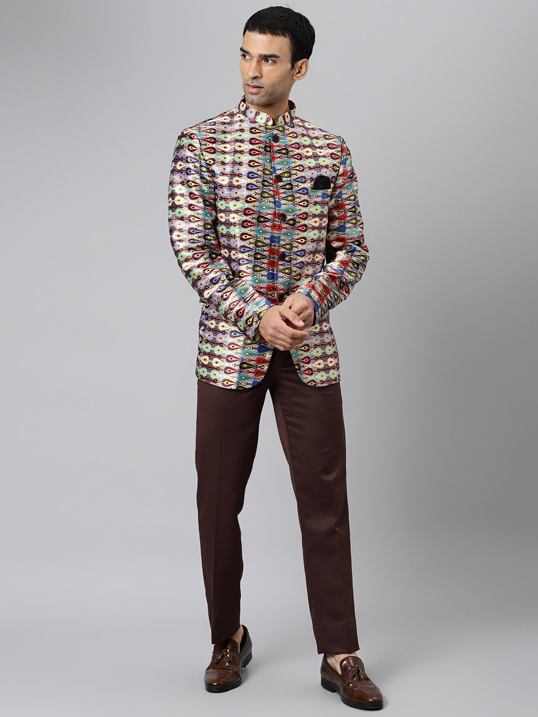 

hangup trend Men Brown & Red Printed Bandhgala Blazer