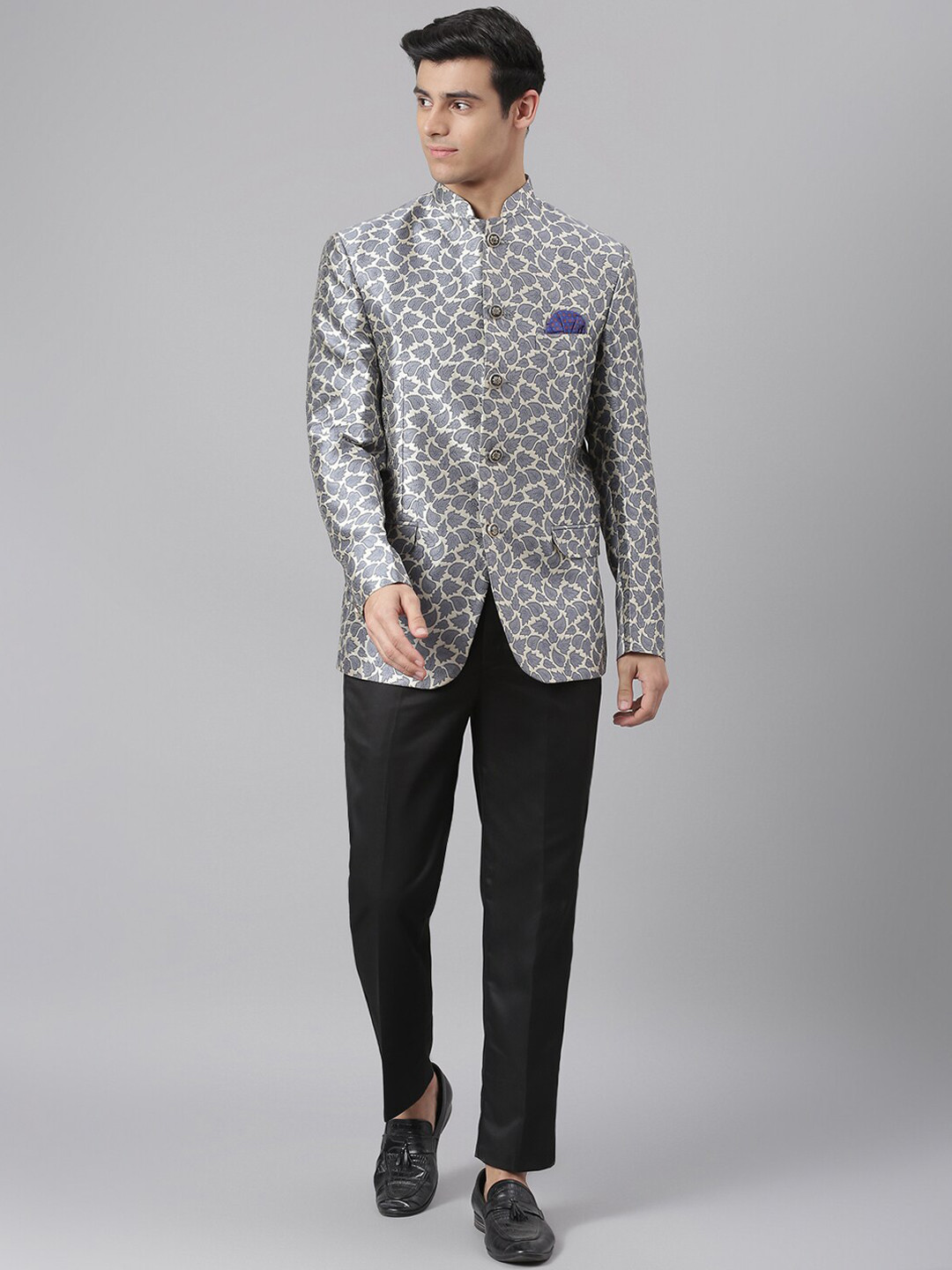 

hangup trend Men Grey & Black Printed down 2-Piece Bandhgala Party Suit
