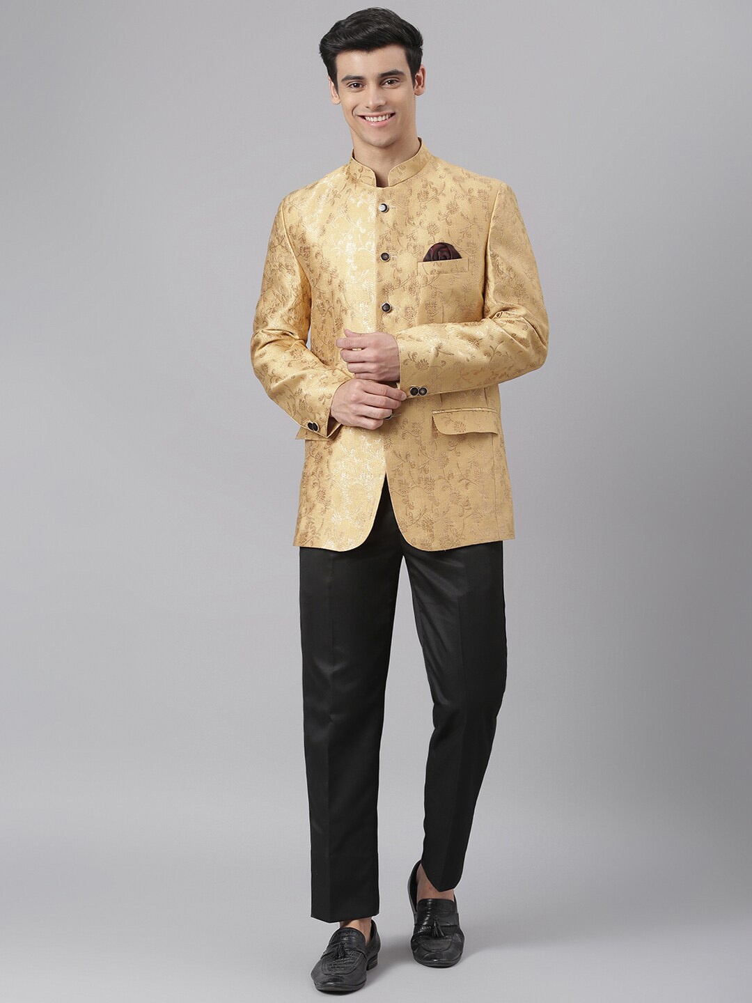 

hangup trend Men Cream & Black Woven Design Bandhgala 2-Piece Formal Suit